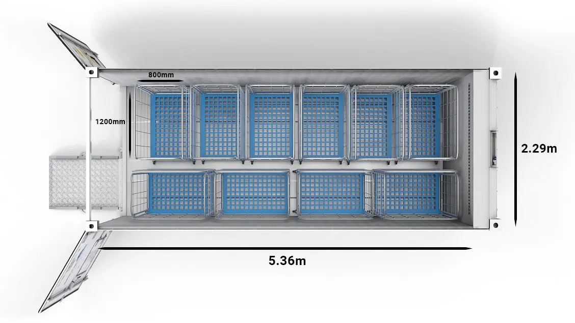 10 Transportwagen in einem 20 Fuß-ArcticStore Horizon