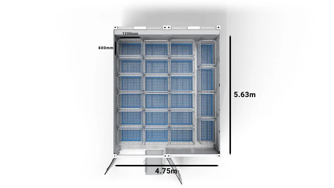 22 chariots dans un Arctic SuperStore 20 pieds à 2 compartiments