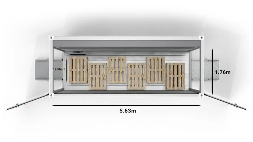 Palettes dans un conteneur de congélation rapide ArcticBlast de 20 pieds