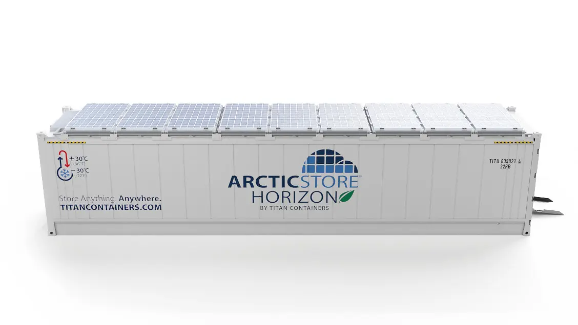 40ft ArcticStore Horizon avec Panneaux Solaires Vue latérale