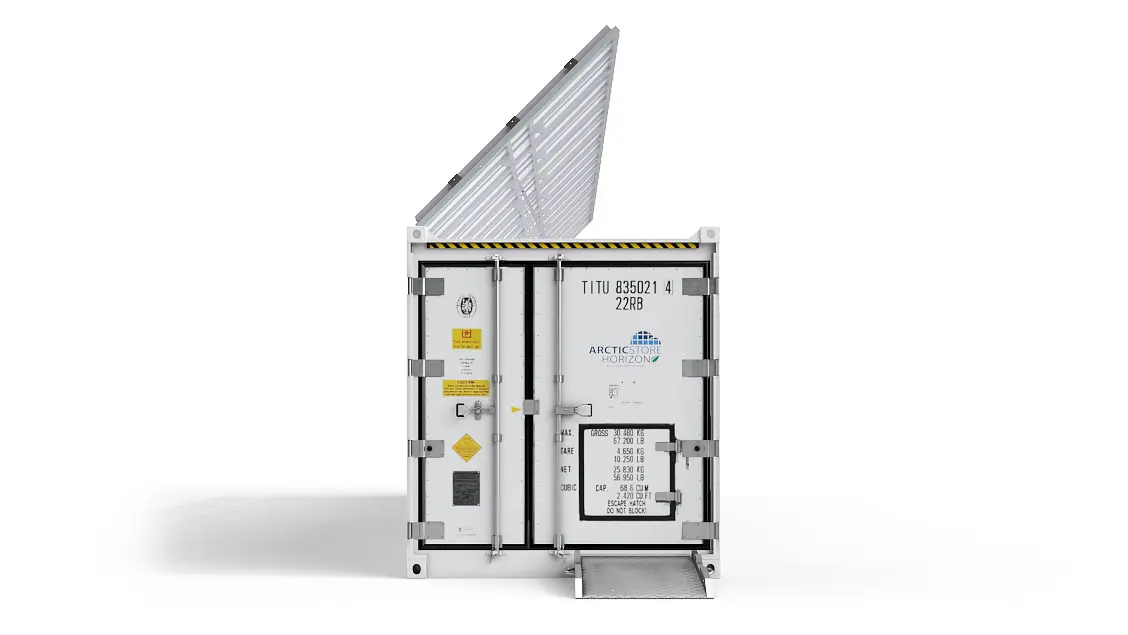 40ft ArcticStore Horizon face avant avec Panneaux Solaires 45 degrés