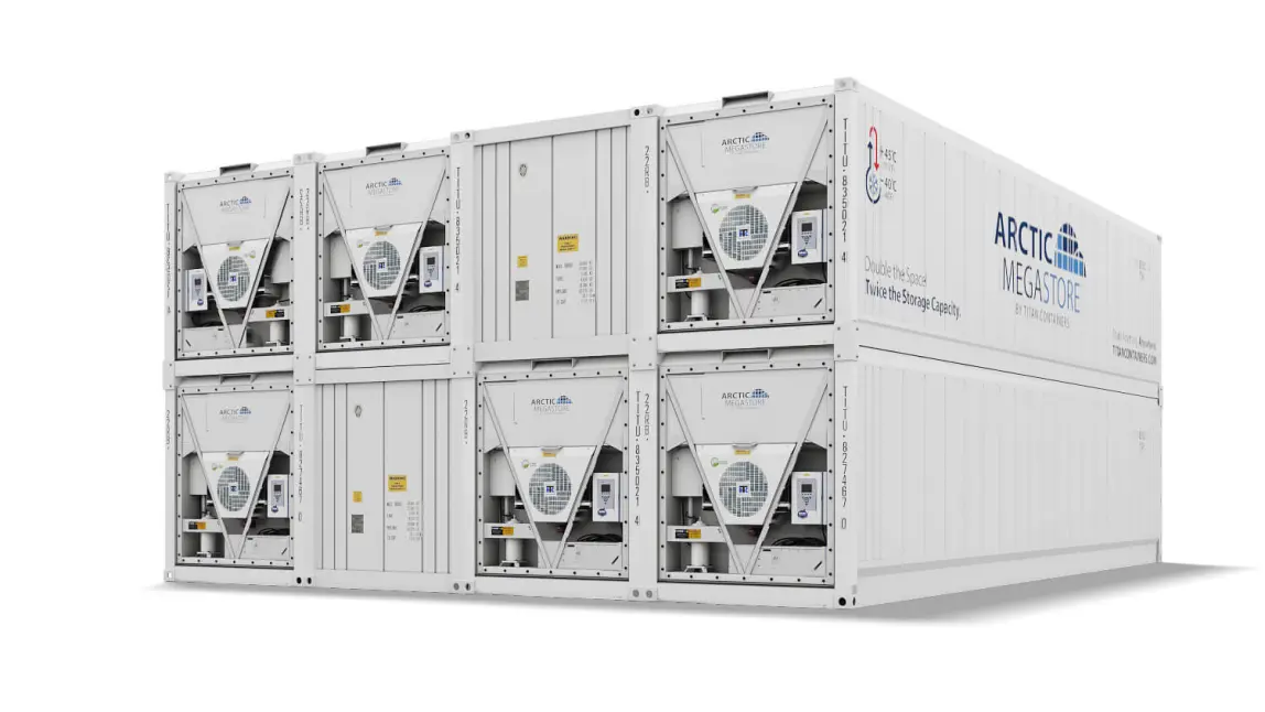 Conteneurs frigorifiques modulaires Arctic MegaStore présentés empilés et équipés d'une rampe d'accès